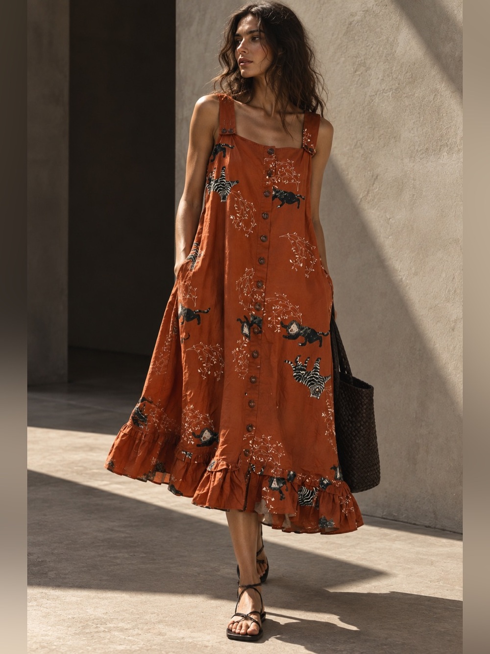 Akhmadullina Dreams by Alena Akhmadullina Cat Print Midi Dress Size 48 XL